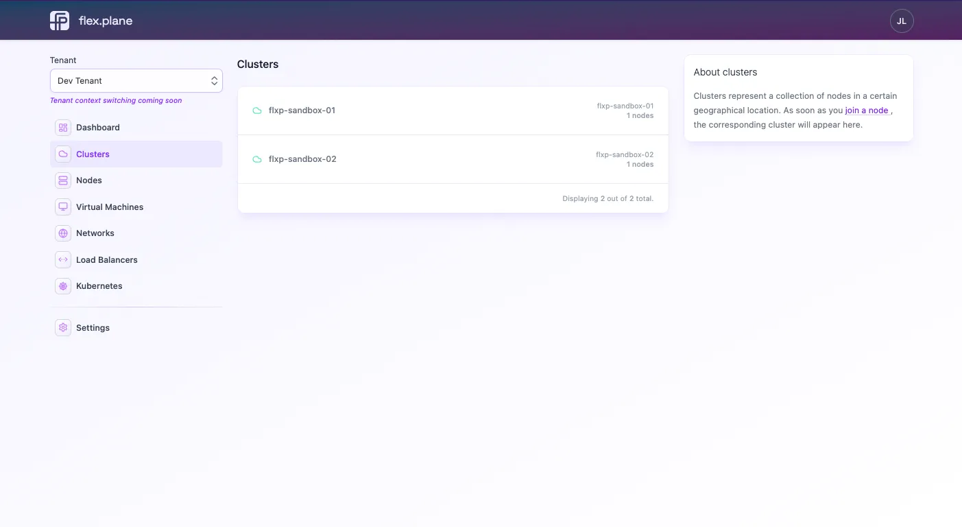 flex.plane cluster overview Screenshot
